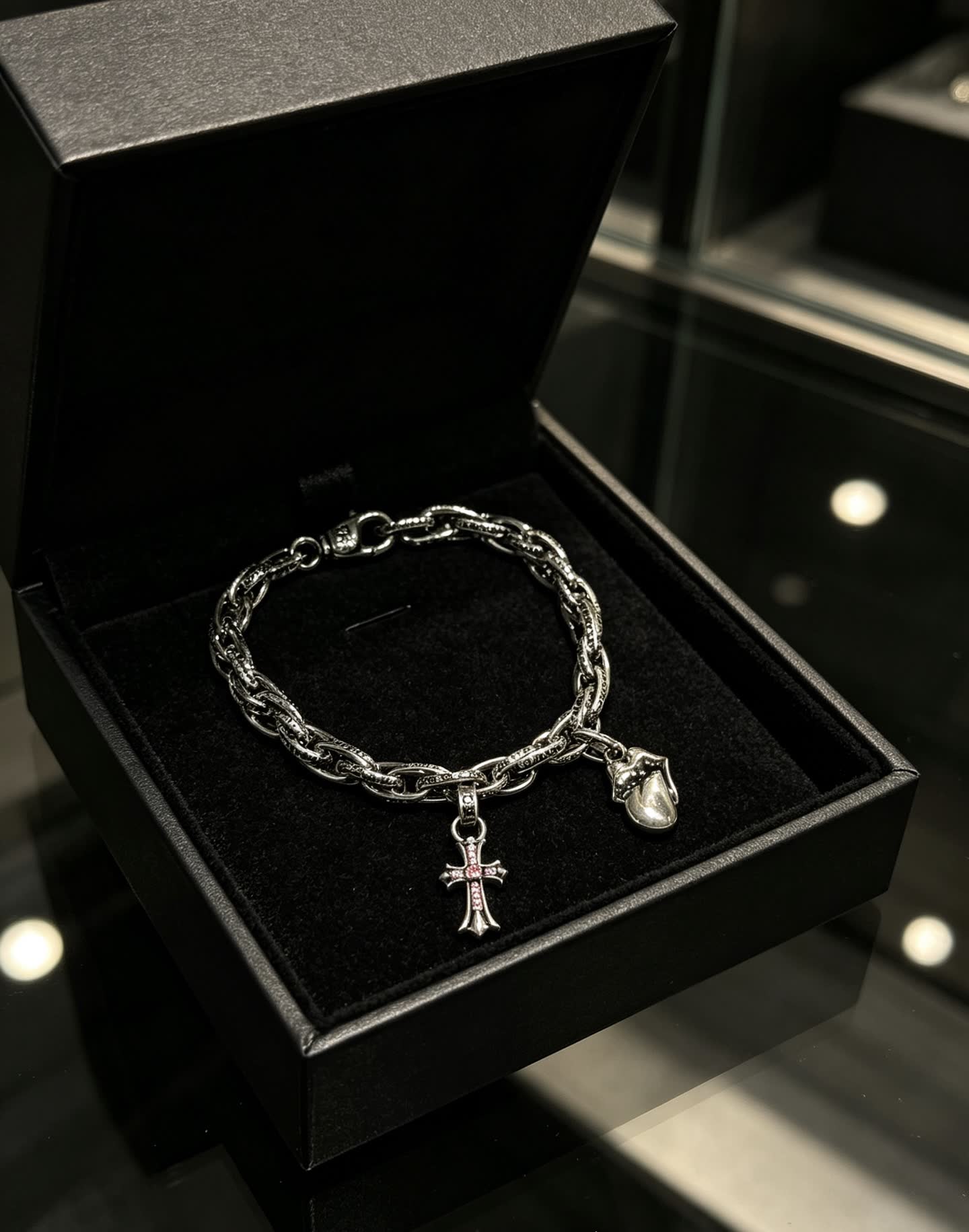 Chrome Hearts Silver Cross Charm Bracelet with Pearl Pendant